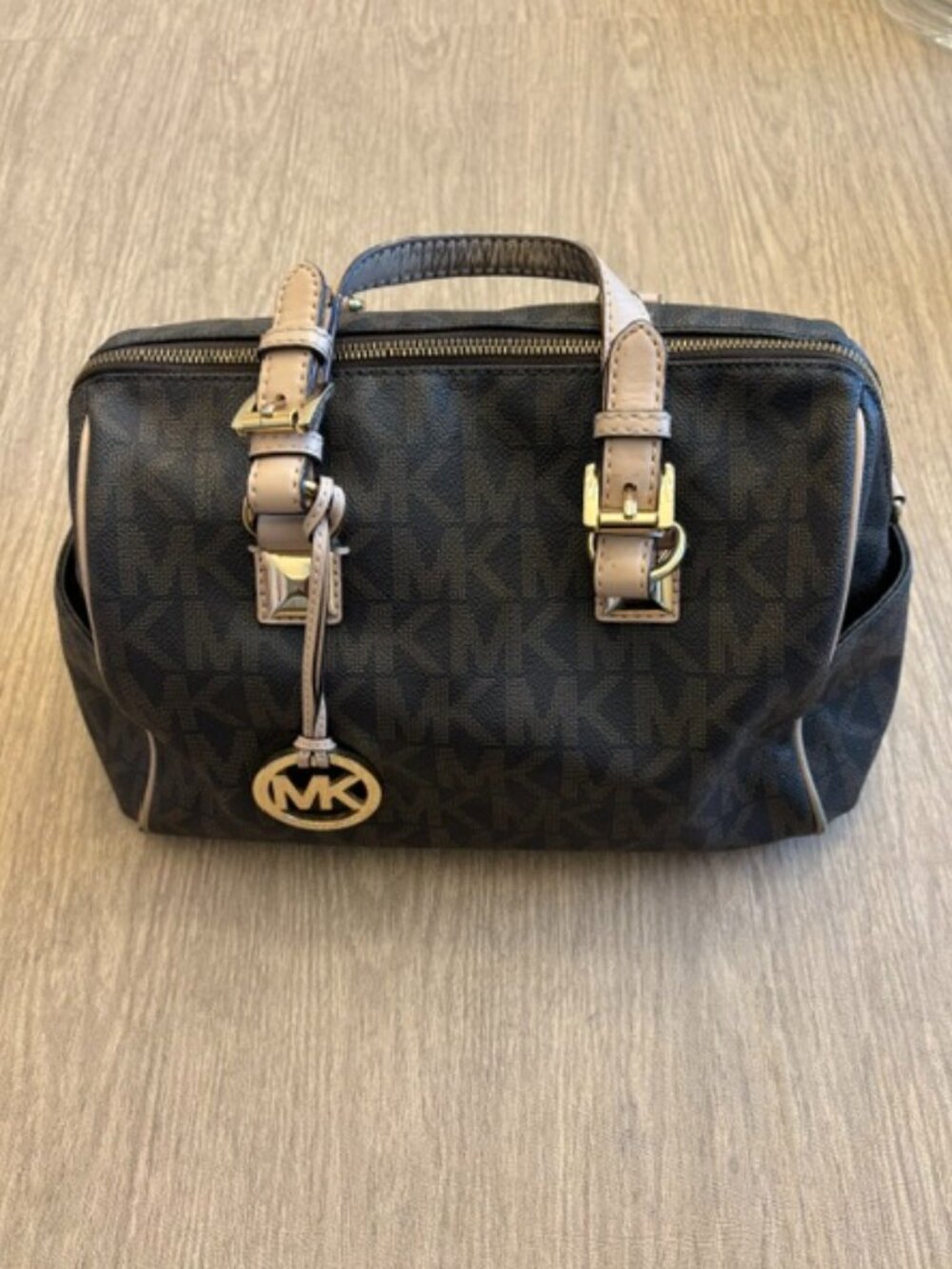 Michael Kors Dark Brown Monogram Satchel with Tan Leather Handles - $40